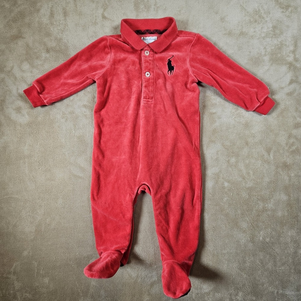 Ralph Lauren Red Velour Footed Sleeper Buffalo Plaid‎ Accents Baby 6M Snap Legs
